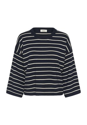 Tamsiai mėlynas medvilninis džemperis su baltais horizontaliais brūkšniu, ilgomis rankovėmis, apvalia iškirpte ir trumpa siluetu. Etiketėje rašoma "soaked."