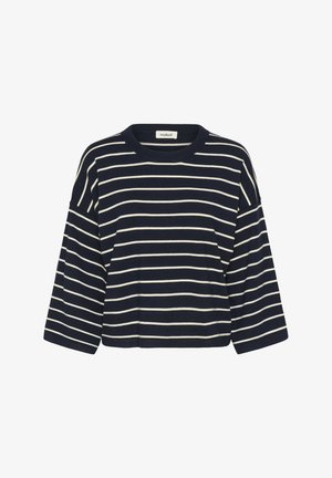 Tamsiai mėlynas medvilninis džemperis su baltais horizontaliais brūkšniu, ilgomis rankovėmis, apvalia iškirpte ir trumpa siluetu. Etiketėje rašoma "soaked."