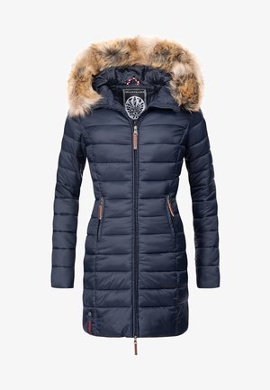 Piumino navy con cappuccio bordato in pelliccia sintetica, due tasche frontali e trapuntatura verticale. Presenta una chiusura con zip e il logo del marchio.