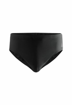 Svarta simbyxor i ett slätt, stretchigt tyg. Har en minimalistisk design utan mönster, låg midja och en figursydd framdel.