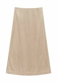 En beige A-linjeformad kjol gjord av mjukt tyg, med en slät yta och rena linjer, i en medellång längd utan synliga mönster eller metallföremål.