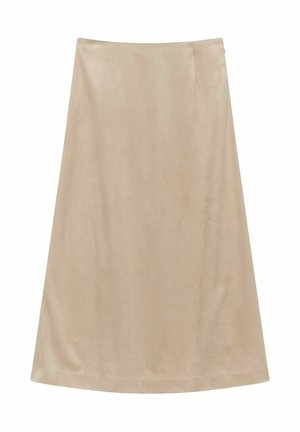 Een beige A-lijn rok van zachte stof, met een gladde textuur en strakke lijnen, met een middellange snit en zonder zichtbare patronen of hardware.