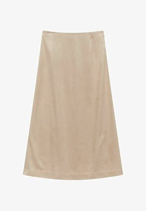 Een beige A-lijn rok van zachte stof, met een gladde textuur en strakke lijnen, met een middellange snit en zonder zichtbare patronen of hardware.