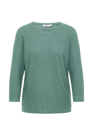 Grön, texturerad stickad tröja med rund halsringning och trekvartsärmar. Har en avslappnad passform och en enkel design utan utsmyckningar.