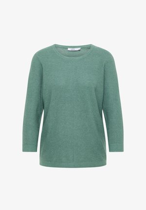 Pull en maille vert, texturé, avec un col rond et des manches trois-quarts. Doté d'une coupe décontractée et d'un design simple sans ornements.