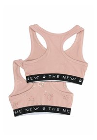 Ljusrosa tyg-bh med blommönster. Har ett brett svart band med "THE NEW"-logotyp, racerback-design och mjuk textur.