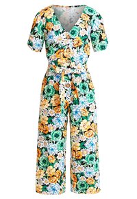 Kombinezon w kwiaty z krótkim rękawem, dekoltem w kształcie litery V i związanym w talii. Posiada żółte, zielone i niebieskie kwiaty na czarnym tle.