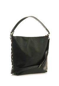 Sac à bandoulière noir avec une surface lisse et brillante, présentant un motif texturé sur le côté. Comprend une bandoulière amovible et une fermeture éclair.