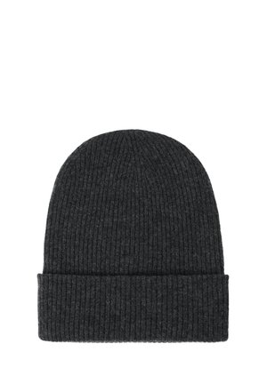Bonnet en maille côtelée gris foncé avec revers replié, conçu pour la chaleur et un usage décontracté.