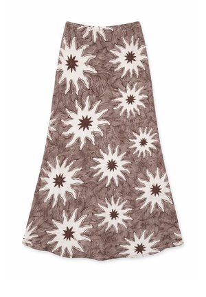 Καφέ και άσπινη φούστα με μεγάλα αφηρημένα σχήματα ηλιακής ακτινοβολίας και κυματιστό υφή φόντο, σιλουέτα Α.