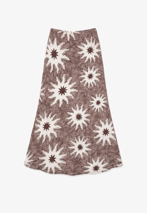 Rjav in bel vzorčast krilo z velikimi abstraktnimi oblikami sončnih žarkov in valovitim teksturiranim ozadjem, A-linija silhuete.