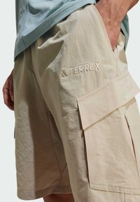 Beige cargo shorts with a smooth texture, featuring side pockets and embroidered "TERREX" logo on the left thigh.