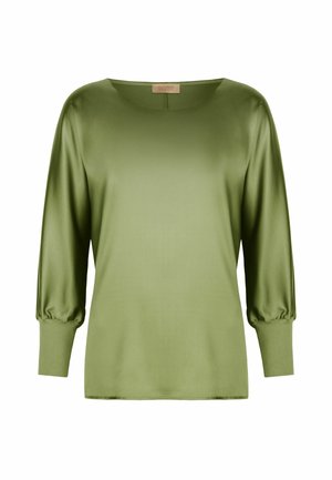 Blouse en satin vert olive avec manches longues bouffantes, larges poignets et encolure ronde, étiquetée Falconeri.