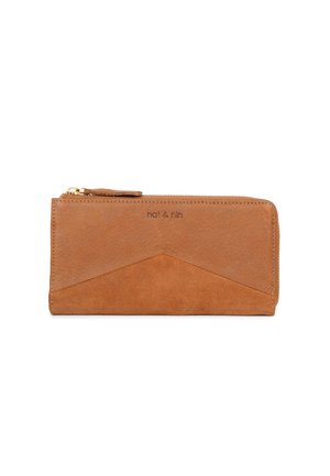 Brown leather wallet with a textured surface, featuring a suede chevron design on the front, gold zipper, and brand logo embossed.