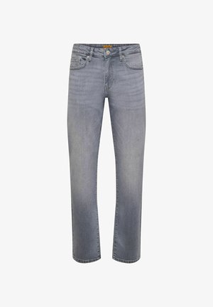 Jeans in denim grigio chiaro con taglio dritto, design a cinque tasche e sbiaditure delicate. Presentano una chiusura con bottone metallico e passanti per cintura.