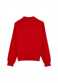 Pull en tricot rouge avec un col montant, design large et manches longues. Équipé d'un ourlet et de poignets côtelés avec une texture lisse.