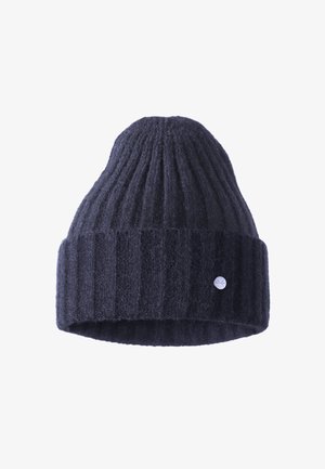 Gestrickte dunkle marineblaue Mütze mit gerippter Textur und umgeschlagenem Saum. Verfügt über ein kleines silbernes Logodesign an der Seite. Weiches und warmes Material.