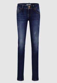 Jean skinny en denim bleu foncé avec une légère finition délavée, design à cinq poches, braguette à boutons et fermeture à double bouton.