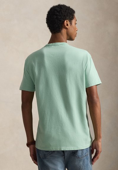 T-shirt de algodão verde menta com mangas curtas, decote redondo e ajuste descontraído. Vista traseira mostra textura suave e design simples.