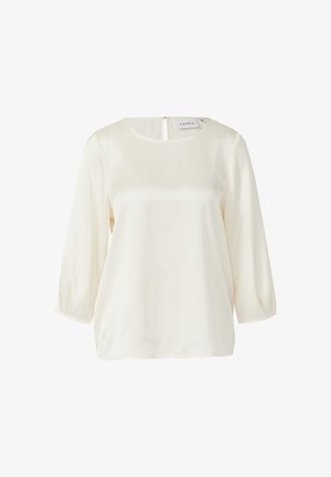 Cremefarbene Bluse aus glattem Stoff mit rundem Ausschnitt, dreiviertel Ärmeln und einem kleinen Rückenausschnitt.