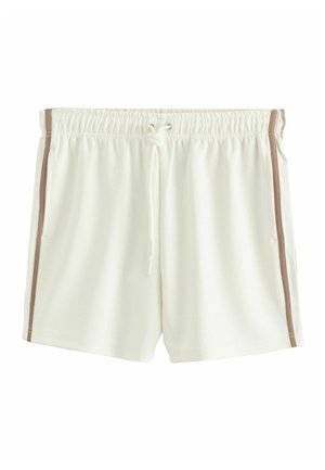 Hvide afslappede shorts med elastisk talje, snøre foran, sidelommer og brune striber langs ydersømmene.