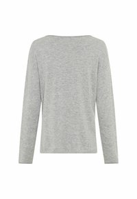 Graues Langarmshirt aus weichem Stoff, mit einem Bootsausschnitt, lockerer Passform und subtiler Textur. Schlichtes Design ohne zusätzliche Akzente.