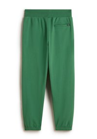 Groene sportbroek van gladde stof, met een elastische tailleband, geribde boorden en een klein achterzakje met merklabel.
