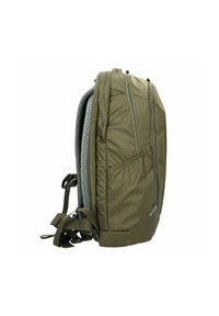 Olivgrüner Rucksack aus strukturiertem Stoff, mit Netzseitentaschen, doppelten Reißverschlussöffnungen, verstellbaren Trägern und einem schlanken, aerodynamischen Design.