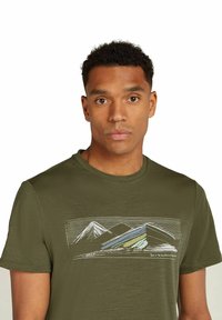 Olivgrön t-shirt med kort ärm, tillverkad i mjukt tyg, med en grafik av bergslandskap i vitt och pastellfärger. Rund halsringning.