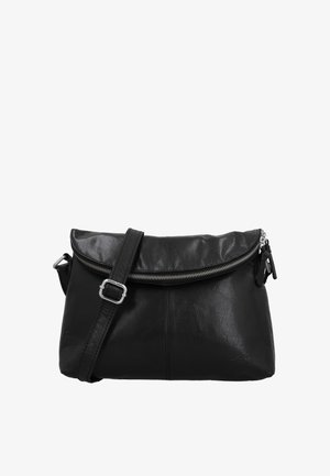 Sac bandoulière en cuir noir avec bandoulière réglable et fermeture éclair argentée sur le dessus sur fond blanc.