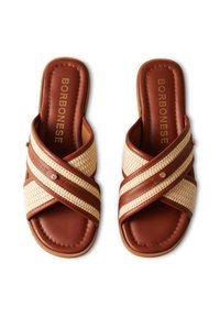 Brown leather slide sandals with cream woven straps. Features gold hardware accents and a smooth texture with cross-strap design.