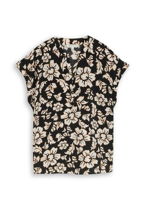 Blouse noire à manches courtes avec grand motif floral beige et blanc et petite ouverture en V.