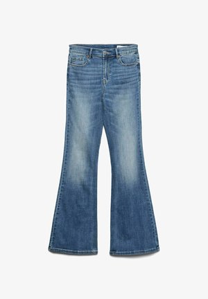 Light blue flared jeans made of denim, featuring five pockets, seam details, and a slightly faded finish for a worn look.