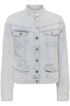 Light blue denim jacket with stand collar, front button closure, two chest pockets, and two lower flap pockets with buttons.
