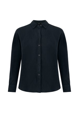 Camicia a maniche lunghe di lino di colore blu scuro con chiusura frontale a bottoni, colletto appuntito e orlo dritto. Presenta sette bottoni lungo l'apertura.