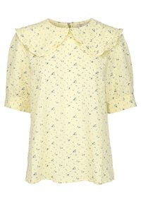 Blusa gialla con colletto arricciato, maniche a sbuffo corte e motivo floreale blu e verde. Tessuto testurizzato con vestibilità comoda.