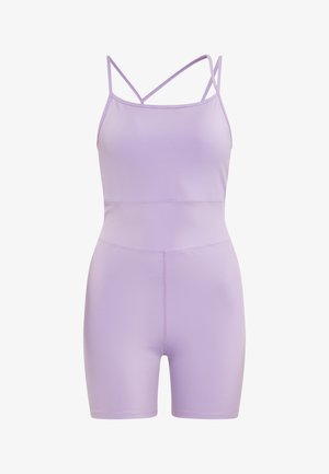 Lila ärmelloser Body mit dünnen Kreuzträgern, tailliertem Design und weicher, glatter Textur. Bis zur Mitte des Oberschenkels mit keinen sichtbaren Mustern.