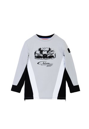 Graues Langarmshirt mit einem schwarzen Auto-Graphic, weißen und schwarzen Seitenpaneelen, Rundhalsausschnitt und Logodetail am Ärmel.