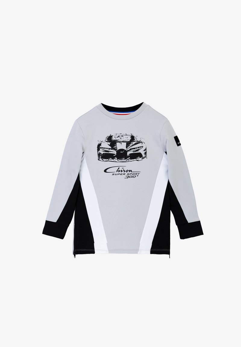 Maglietta grigia a maniche lunghe con grafica di un'auto nera, caratterizzata da pannelli laterali bianchi e neri, colletto rotondo e dettaglio del logo sulla manica.