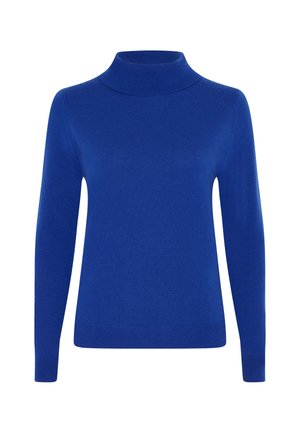 Maglione blu a collo alto realizzato in morbido tessuto, con una vestibilità aderente, maniche lunghe e colletto e orlo ribattuti.
