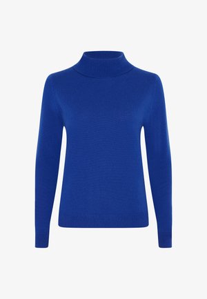 Maglione blu a collo alto realizzato in morbido tessuto, con una vestibilità aderente, maniche lunghe e colletto e orlo ribattuti.