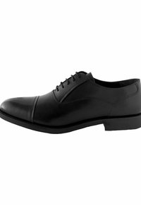Schwarze Leder-Dressschuhe mit einem runden Zehen, glatter Oberfläche, Schnürverschluss, kontrastierenden Nähten und einer niedrigen Gummisohle.