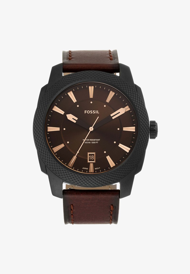 Brown leather strap watch with a textured black case, dark brown dial, rose gold hour markers, date display, and a textured bezel. Water resistant.