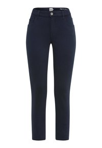 Marineblaue Hose mit schlanker Passform, mittelhohem Bund, vorderen Taschen, Reißverschluss- und Knopfverschluss sowie glattem, elastischem Denim-Stoff.