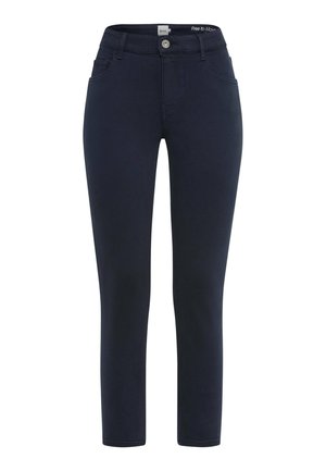 Navyblauwe broek met een slim fit, middelhoge taille, voorzakken, rits- en knoopsluiting, en een gladde, rekbare denim stof.