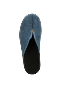Blaues Slip-On-Schuhwerk mit strukturiertem Blumendesign, kontrastierendem hellblauen Besatz und schwarzer Sohle. Verfügt über eine dreieckige Akzentuierung an der Vorderseite.