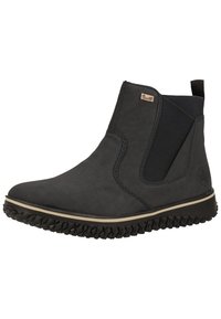 Stivali alla caviglia neri realizzati in pelle liscia con pannelli laterali elasticizzati, suola in gomma textured e una linguetta sul retro per una facile vestibilità.