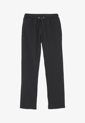 Schwarze Sweatpants mit einem Kordelzugbund, Seitentaschen und geradem Bein. Weicher Stoff mit glatter Textur.