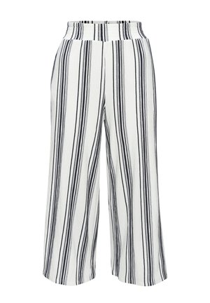 Pantaloni bianchi a gamba larga con righe verticali nere e grigie e vita elastica.