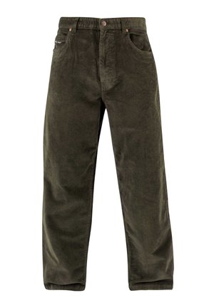 Pantalones de pana verde oliva con diseño de pierna recta, que cuentan con cinco bolsillos y cierre de botón, tejido texturizado con costillas verticales.